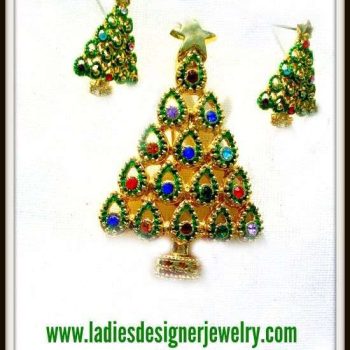 Vintage Rhinestone Green Christmas Tree Earring Brooch Pin Pendant Holiday Jewelry Set For Women