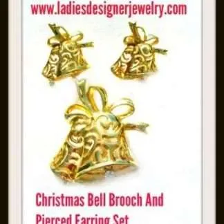 Vintage Gold Plate Christmas Bells Brooch Pin Pendant Pierced Earrings Jewelry Set, Holiday Jewelry For Women