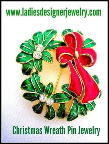 Vintage Diamond Rhinestone Red Green Enamel Christmas Wreath Bow Pin Brooch, Holiday Wreaths Brooches Pins