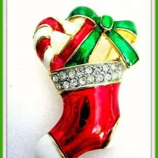 Vintage Diamond Rhinestone Red Green White Enamel Christmas Santa Stocking Pin Brooch, Holiday Brooches Pins Jewelry