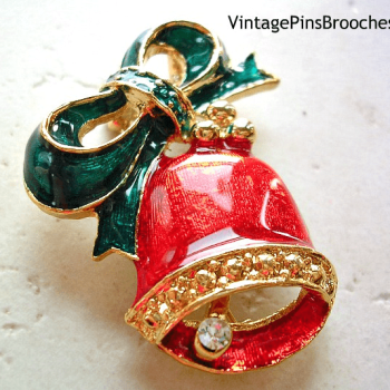 Vintage Handpainted Red Green Christmas Movable Bell Bow Brooch Pin, Holiday Brooches Pins Jewelry Woman
