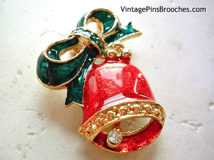 Vintage Handpainted Red Green Christmas Movable Bell Bow Brooch Pin, Holiday Brooches Pins Jewelry Woman