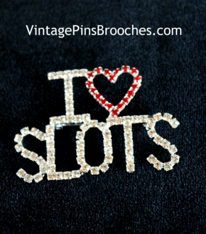I Love Slots Heart Rhinestone Gambling Word Pin Brooch Vintage Gaming Jewelry, Las Vegas Brooches Pins
