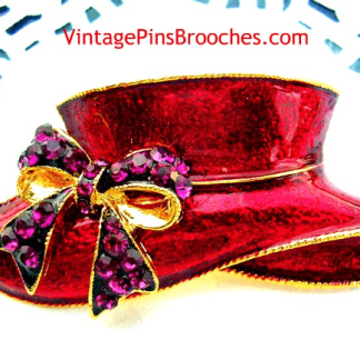 Vintage Ruby Red Enamel Purple Amethyst Rhinestone Gold Plate Hat Brooch Pin, Red Hat Society Designer Fashion Jewelry Pins Brooches
