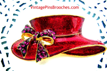 Vintage Ruby Red Enamel Purple Amethyst Rhinestone Gold Plate Hat Brooch Pin, Red Hat Society Designer Fashion Jewelry Pins Brooches