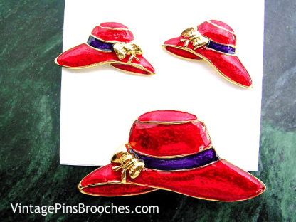 Vintage Red Hat Society Red Purple Gold Plate Designer Hat Brooch Pin Pierced Earring Set Ladies Fashion Jewelry Brooches Pins NY4