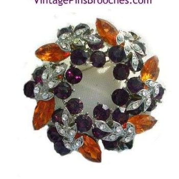 Vintage Purple Amethyst Hyacinth Diamond Rhinestone Christmas Leaf Wreath Brooch Pin Jewelry, Holiday Estate Pins Brooches