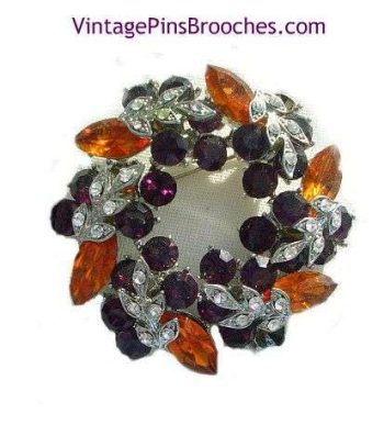 Vintage Purple Amethyst Hyacinth Diamond Rhinestone Christmas Leaf Wreath Brooch Pin Jewelry, Holiday Estate Pins Brooches