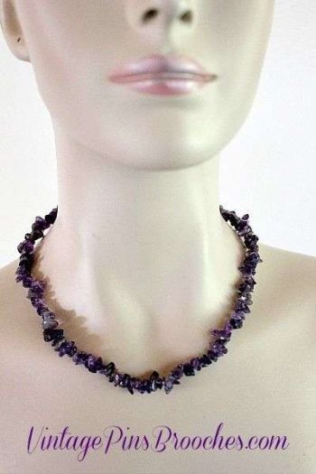 Vintage Purple Amethyst Quartz Semi Precious Graduated Chip Stone Necklace, Ladies Designer Jewelry Necklaces