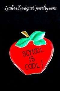 AJMC Signed Vintage Red Enamel Apple Pin Brooch School Is Cool Jewelry