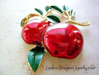 Vintage Diamond Crystal Chaton Rhinestone Cherry Cherries Pin Brooch Green Red Enamel, Ladies Designer Fashion Jewelry