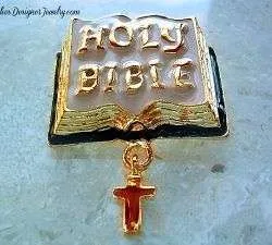 Holy Bible Pin Dangling Cross Enameled Black White Gold Plate Brooch