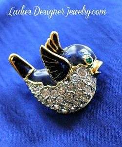 Small Blue Bird Pave Rhinestone Gold Plate Pin Figural Vintage Brooch Pins