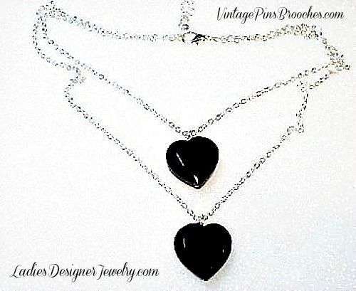 Vintage Double Chain Black Onyx Heart Necklace 2 Hearts, Ladies Designer Fashion Necklaces Jewelry Love