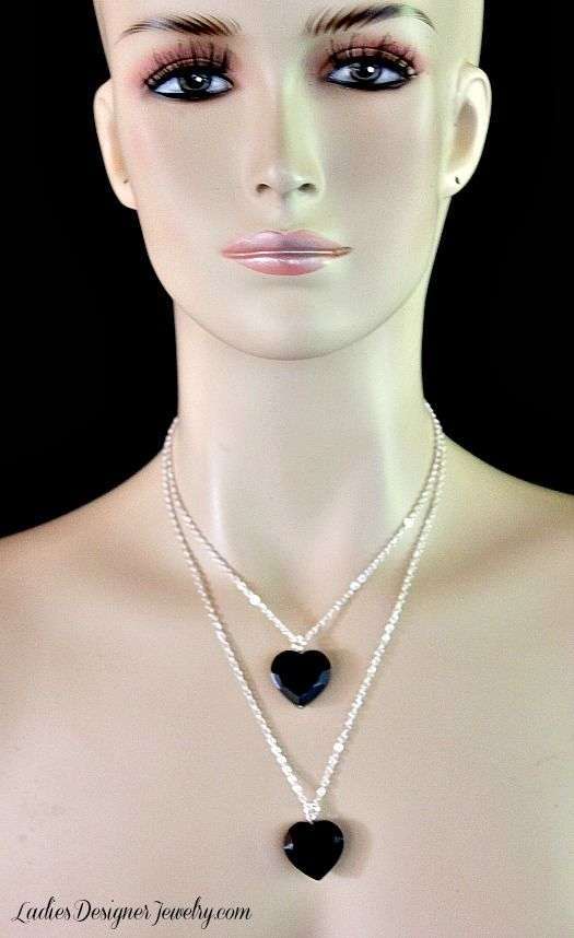 Vintage Double Chain Black Onyx Heart Necklace 2 Hearts, Ladies Designer Fashion Necklaces Jewelry Love