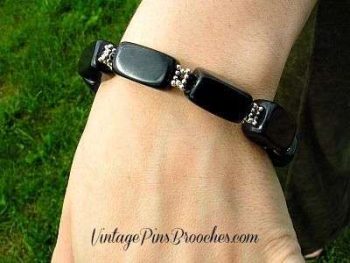 Vintage Black Onyx Semi Precious Stone Chunk Bead Stretch Bracelet, Ladies Designer Jewelry Bracelets