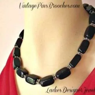 Vintage Black Onyx Semi Precious Stone Chunk Bead Necklace Silver-Tone Lobster Claw Clasp Adjustment Chain, Ladies Designer Jewelry Necklaces