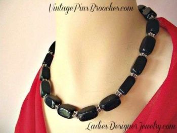 Vintage Black Onyx Semi Precious Stone Chunk Bead Necklace Silver-Tone Lobster Claw Clasp Adjustment Chain, Ladies Designer Jewelry Necklaces