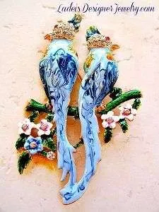Vintage Handpainted Baby Pastel Green Blue Love Birds Enamel Diamond Rhinestone Pin Figural Vintage Brooch, Exotic Birds Brooches Pins Jewelry