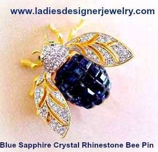 Vintage Crystal Diamond Rhinestone Blue Sapphire Bumble Bee Designer Pin Brooch For Women, Baguette Emerald Cut Rhinestone Pins Brooches Jewelry Bees