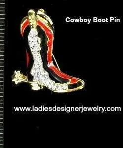 Vintage Western Cowboy Boot Red Black Crystal Rhinestone Pin Brooch