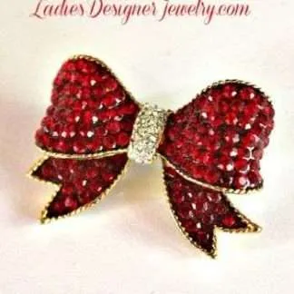 Vintage Ruby Red Rhinestone Art Deco Bow Pin Brooch Pave Diamond Valentine's Day Christmas Holiday Designer Jewelry For Women