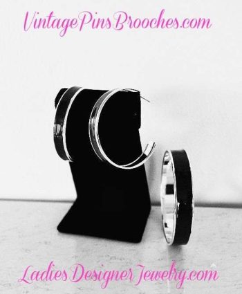 Vintage Black Enamel Silver Tone Bangle Bracelet Hoop Earrings Jewelry Set Bracelets