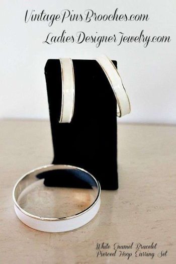 Vintage White Enamel Silver Tone Bangle Bracelet Hoop Earrings Jewelry Set Bracelets