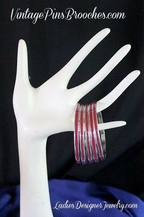 Vintage Hot Pink Enamel Bangle Bracelets Set Of 5 Thin Bracelet Jewelry Set Woman's