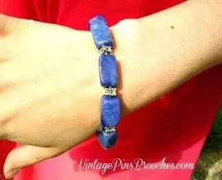 Vintage Blue Lapis Lazuli Semi Precious Stone Chunk Bead Stretch Bracelet, Ladies Designer Jewelry Bracelets