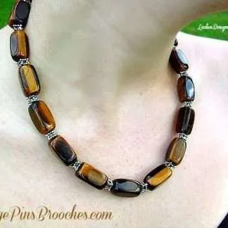 Vintage Brown Tigers Eye Semi Precious Stone Chunk Bead Necklace Silver-Tone Lobster Claw Clasp Adjustment Chain, Ladies Designer Jewelry Necklaces