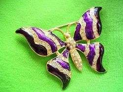 Purple Enamel And Diamond Rhinestone Gold Plate Butterfly Brooch Pin Jewelry, Butterflies Insect Bug Pins Brooches