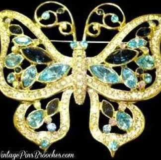 Vintage Butterfly Blue Topaz Sapphire Aurora Borealis Rhinestone Brooch Pin, Butterflies Women's Designer Jewelry Pins