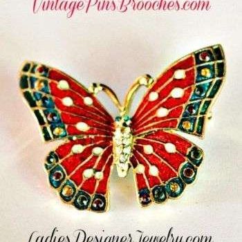 Vintage Red Enamel Rhinestone Crystal Butterfly Brooch Pin, Women's Designer Fashion Jewelry Butterflies