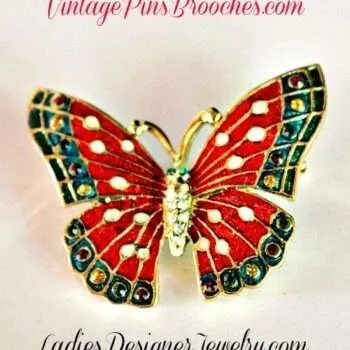 Vintage Red Enamel Rhinestone Crystal Butterfly Brooch Pin, Women's Designer Fashion Jewelry Butterflies