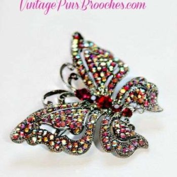 Retro Vintage Style Red Pink Pave Aurora Borealis Rhinestone Butterfly Pin Brooch Butterflies, Women's Ladies Designer Fashion Jewelry
