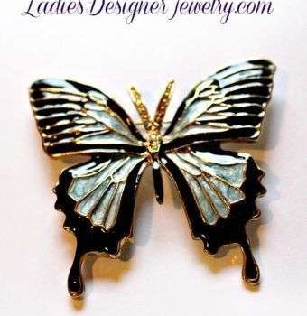 Vintage Diamond Emerald Rhinestone Enamel Large Butterfly Brooch Pin, Butterflies Jewelry