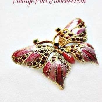 Retro Vintage Style Pink Enamel Red Pave Rhinestone Butterfly Pin Brooch Butterflies, Women's Ladies Designer Fashion Jewelry