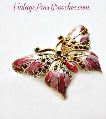 Retro Vintage Style Pink Enamel Red Pave Rhinestone Butterfly Pin Brooch Butterflies, Women's Ladies Designer Fashion Jewelry