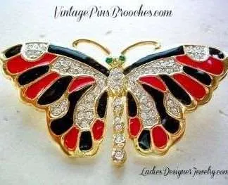 Vintage Austrian Crystal Rhinestone Butterfly Red Black Enamel Pin Brooch Butterfly Brooches Pins