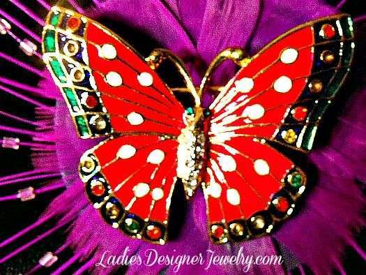 Vintage Red Enamel Rhinestone Crystal Butterfly Brooch Pin, Women's Designer Fashion Jewelry Butterflies