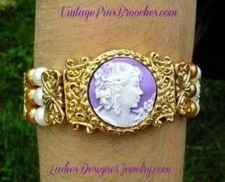 Vintage White Silhouette Cameo Victorian Lady Purple Orange White Pearl Stretch Bracelet, Bracelets Jewelry