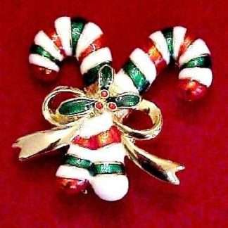 Vintage Handpainted Red Green White Enamel Goldplate Christmas Candycane Brooch Pin Jewelry Candycanes Holly Bow