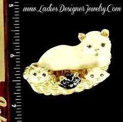 Vintage White Black Enamel Mother Cat And Kittens Pin Brooch Cats Vintage