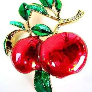 Vintage Diamond Crystal Chaton Rhinestone Cherry Cherries Pin Brooch Green Red Enamel, Ladies Designer Fashion Jewelry
