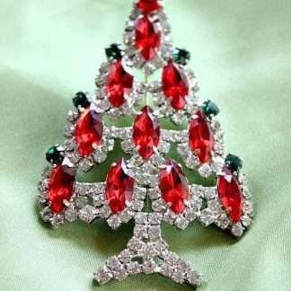 Vintage Prong Set Silver Plate Emerald Diamond Ruby Rhinestone Christmas Tree Pin Brooch, Holiday Jewelry Brooches Pins