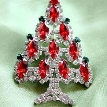 Vintage Prong Set Silver Plate Emerald Diamond Ruby Rhinestone Christmas Tree Pin Brooch, Holiday Jewelry Brooches Pins