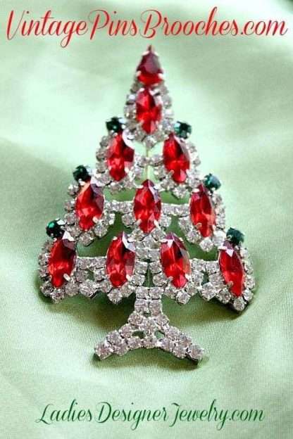 Vintage Prong Set Silver Plate Emerald Diamond Ruby Rhinestone Christmas Tree Pin Brooch, Holiday Jewelry Brooches Pins