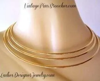 Vintage Collar Choker Three Tier Torque Gold Tone Necklace, Ladies Designer Fashion Necklaces Jewelry