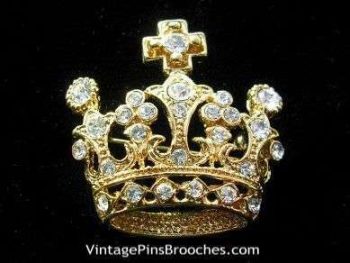 Vintage Rhinestone Gold Plate Crucifix Cross Religious Christian Crown Pin Brooch Jewelry, Crowns Brooches